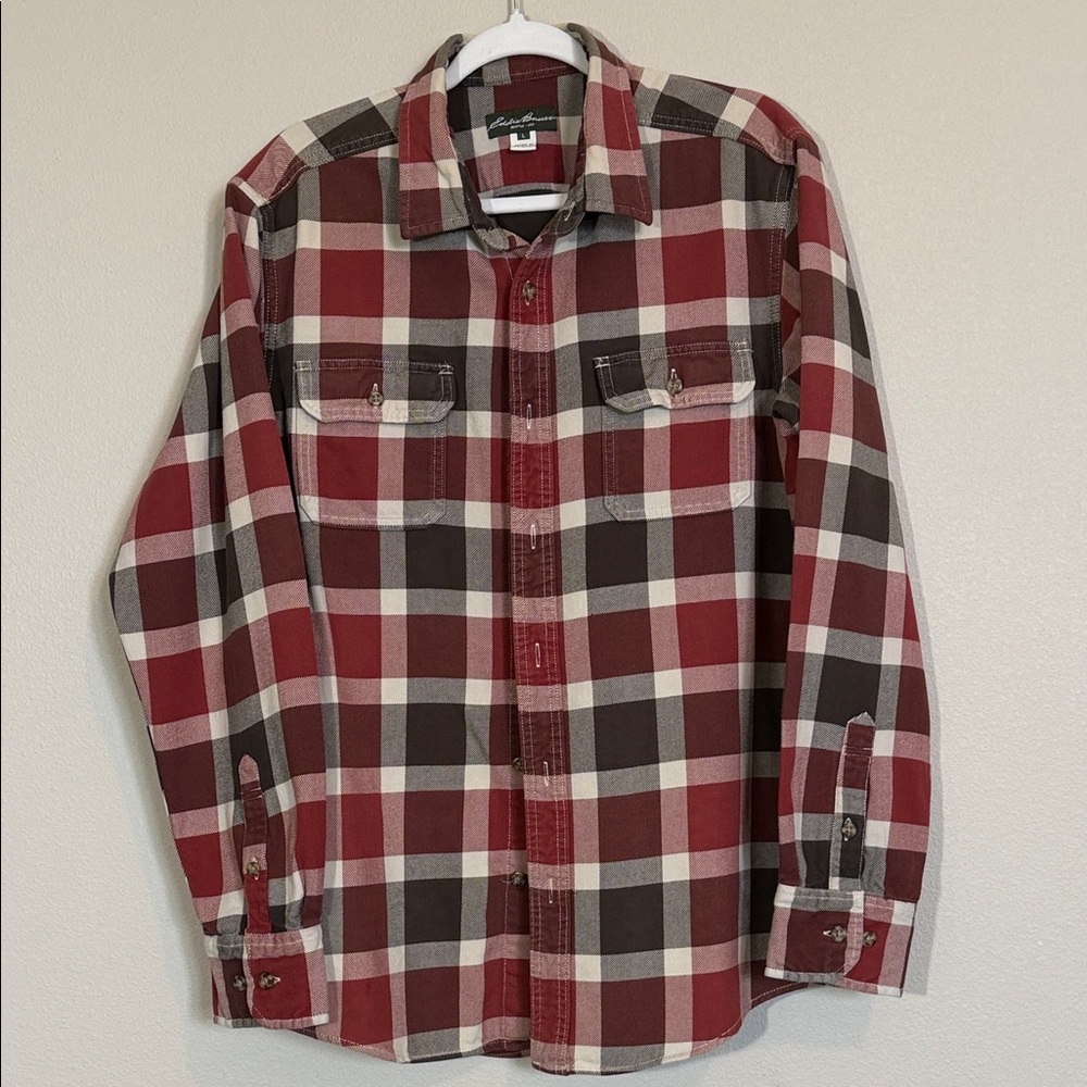 Eddie Bauer Red and Brown Plaid Casual Shirt, 100% cotton, size Large